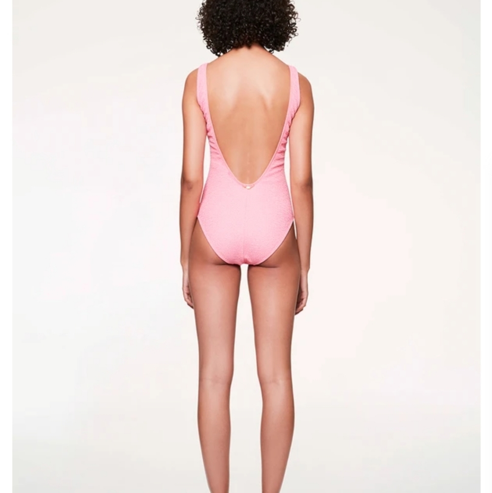 One-piece swimsuit by Betsey Johnson pink retro style rosebud detail, small NEW - Picture 12 of 16